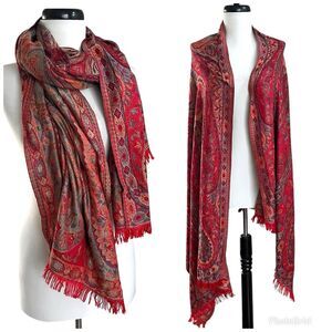 Naturally Knotty 100% Silk Jacquard Wrap Fringe Scarf Red Paisley Old Money